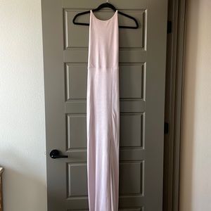 Blush, floor length dress from Express. Slit in leg, ties in the back.